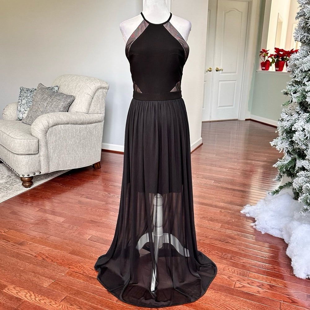 Morgan & Co Black Sheer Skirt Open Back Sexy Gown Dress Size 9/10